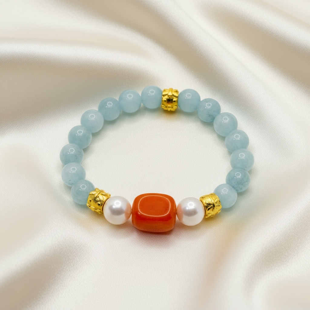 Amalfi Aquamarine,  Carnelian & Pearl Stretch Bracelet