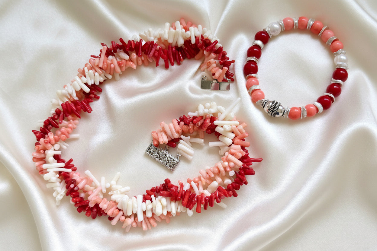 Capri Rosso Coral & Ivory Branch Statement Necklace with Coordinating Bracelet