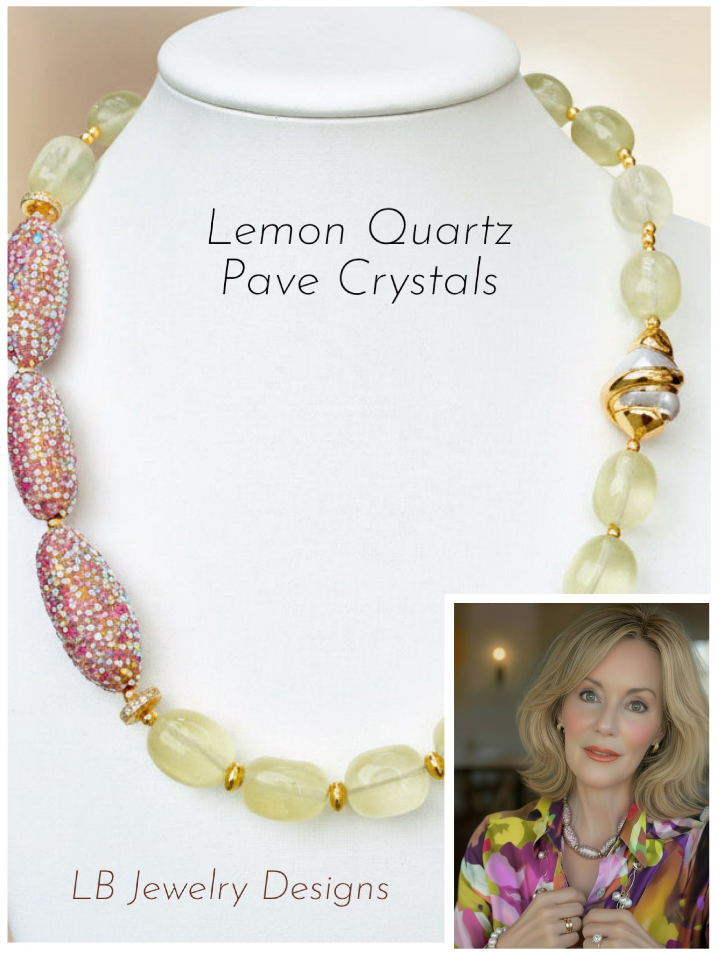 Yellow Lemon Quartz, Pave Crystals, Pearl Gold Statement Necklace