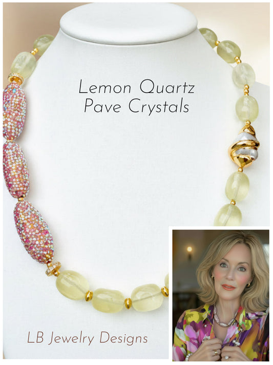 Yellow Lemon Quartz, Pave Crystals, Pearl Gold Statement Necklace