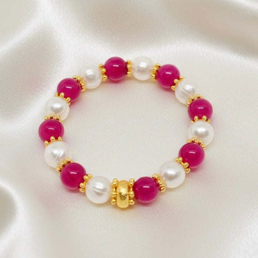 Rose Ruby Quartz & Baroque Pearl Gemstone Gold Beaded Bracelet