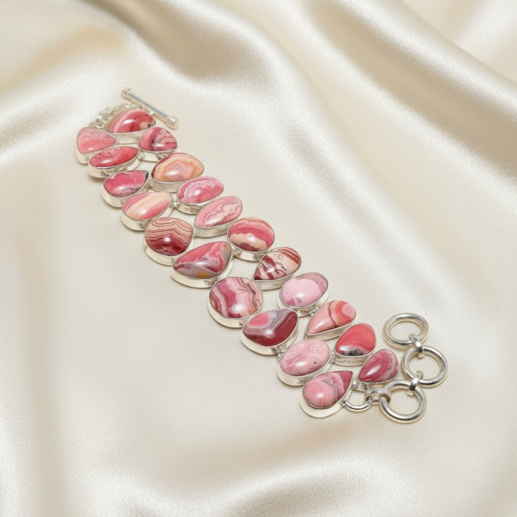 Capri Rhodochrosite & Sterling Silver Statement Bracelet - Coastal Luxury Jewelry