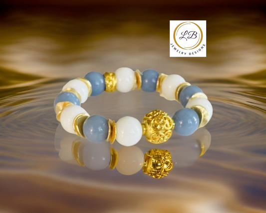 Blue Angelite & White Alabaster Gold Bali Bracelet