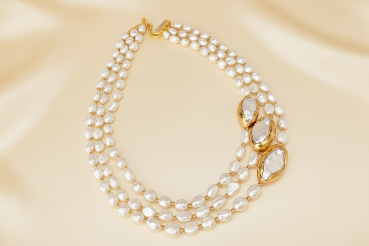 Capri Keshi Pearl Triple-Strand Statement Necklace – Baroque Freshwater Pearl & Gold Vermeil Luxury Resort Jewelry