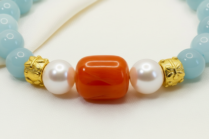 Capri Blue Cat’s Eye, Carnelian & Freshwater Pearl Bracelet