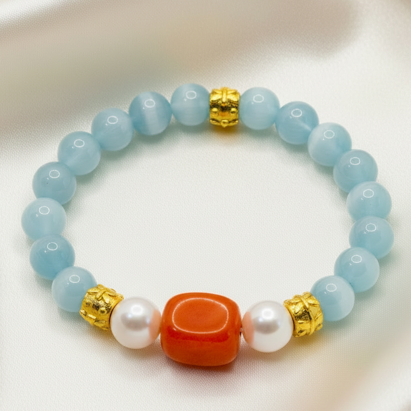 Capri Blue Cat’s Eye, Carnelian & Freshwater Pearl Bracelet