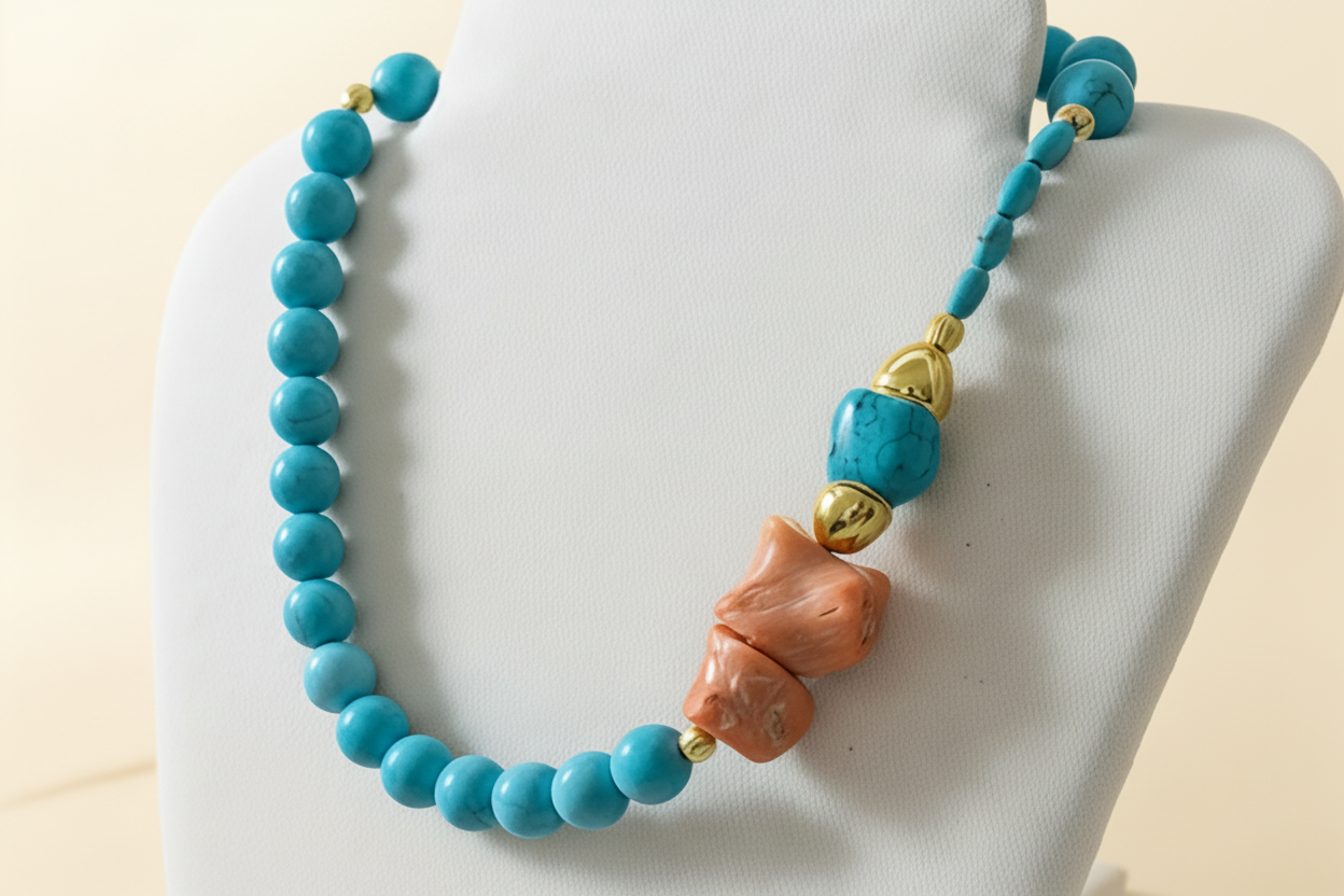 Capri Asymmetrical Turquoise & Coral Statement Necklace: Luxury Resort Jewelry - One-of-a-Kind