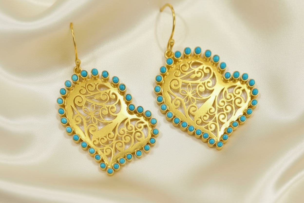 Heart-Shaped 
Turquoise & 22k Gold Vermeil Filigree Statement Earrings