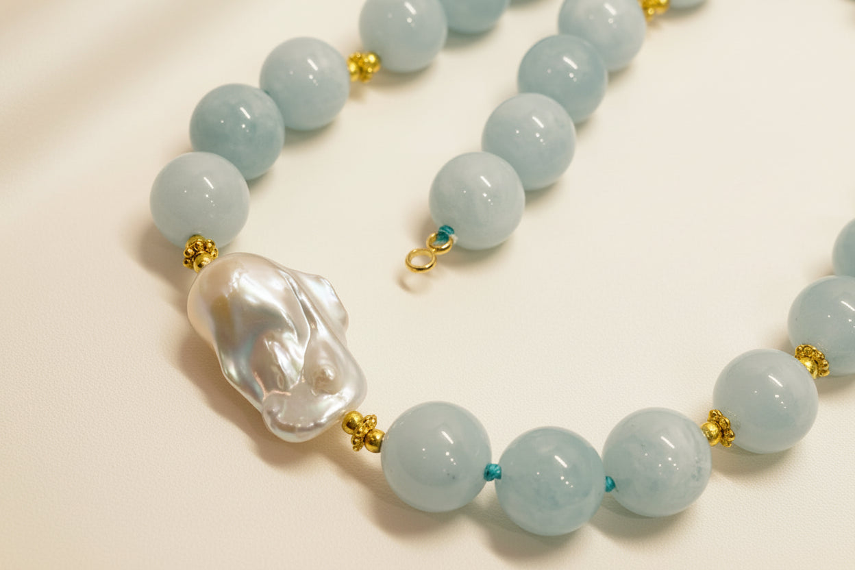 Capri Aquamarine & Baroque Pearl Statement Necklace
18” Hand-Knotted Silk Strand