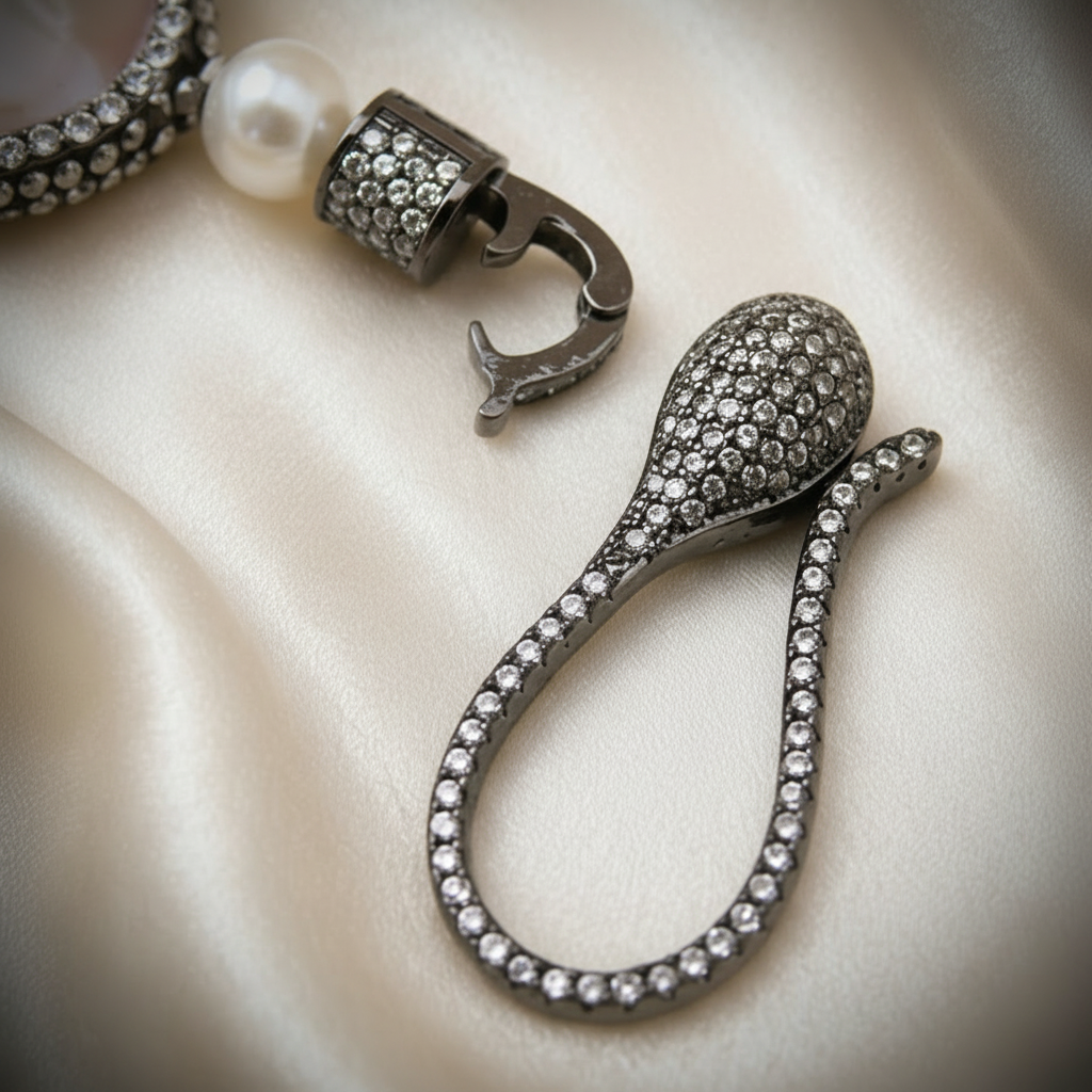 Montecito Noir Mother of Pearl & Marcasite Jewelry Set – Coastal Luxury Necklace, Earrings & Bracelet