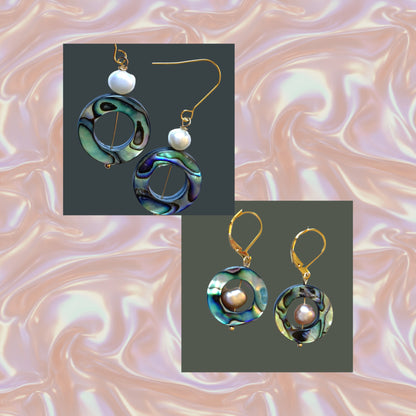 Iridescent Abalone and Baroque Pearl Gold Earrings