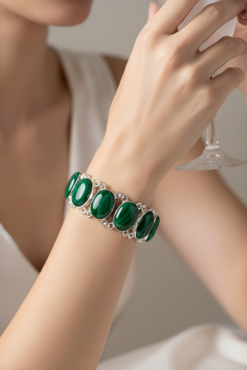 One-of-a-Kind Montecito Malachite Sterling Silver Statement Bracelet
