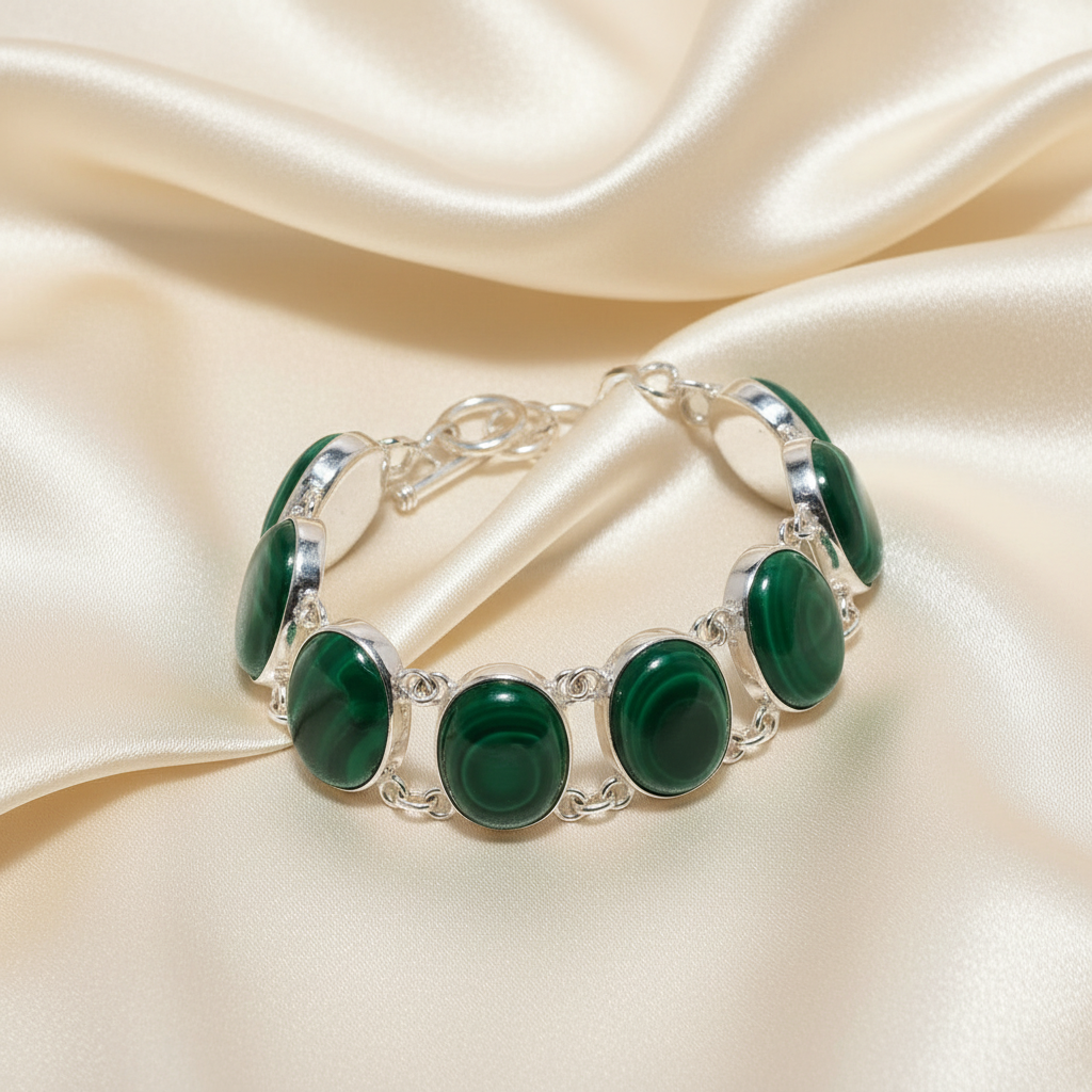 One-of-a-Kind Montecito Malachite Sterling Silver Statement Bracelet