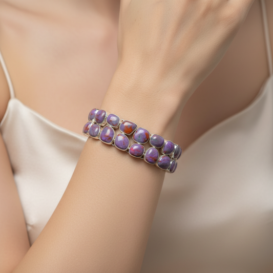 Capri Purple Copper Turquoise Double Row Sterling Silver Statement Bracelet