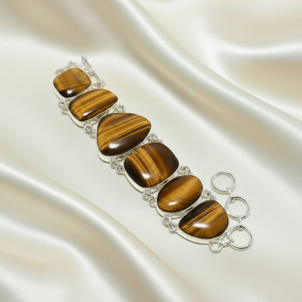 Montecito Tiger’s Eye Sterling Silver Jewelry Set – One of a Kind Tiger’s Eye Bracelet & Stud Earrings