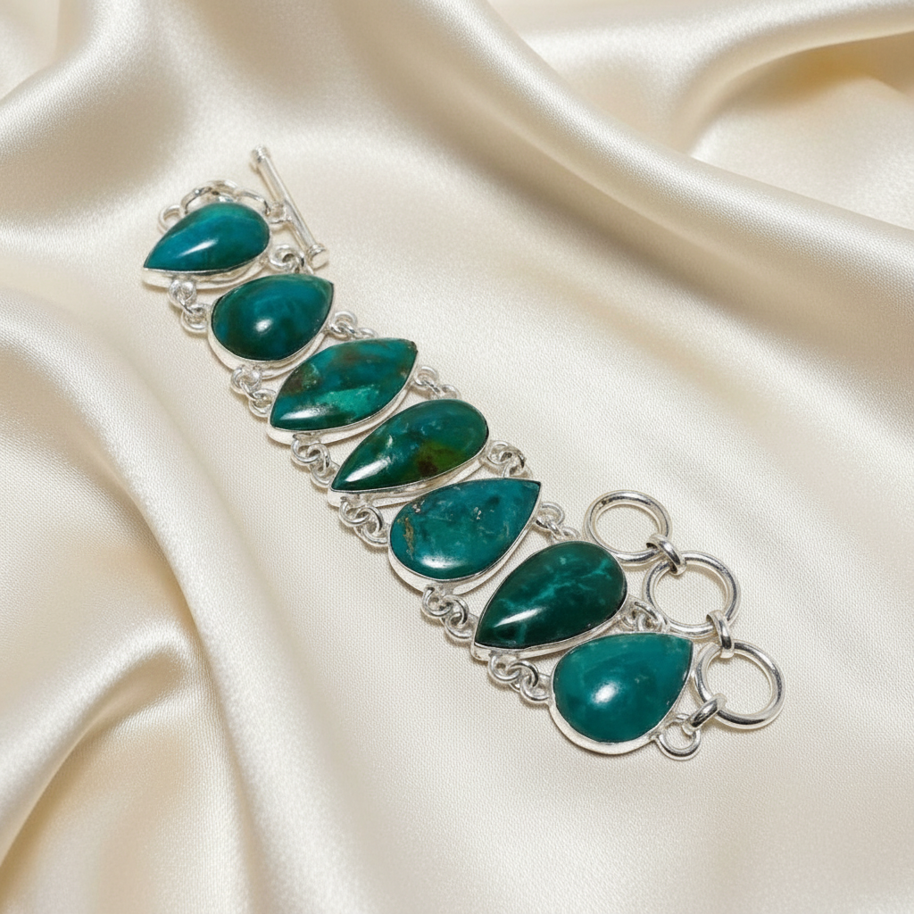 Montecito Chrysocolla Malachite Sterling Silver Statement Bracelet – One of a Kind Coastal Luxury Jewelry
