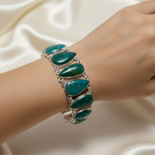 Montecito Chrysocolla Malachite Sterling Silver Statement Bracelet – One of a Kind Coastal Luxury Jewelry