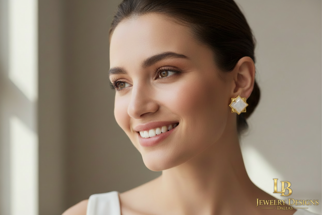White Moonstone Chalcedony Pyramid Stud Earrings - 24k Gold Vermeil