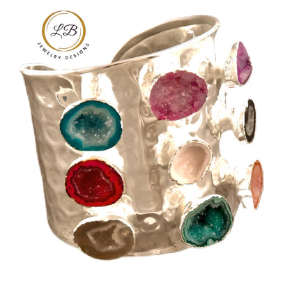 Geode Druzy Statement Cuff Bracelet – Limited Edition Multi Gemstone Sterling Silver Cuff