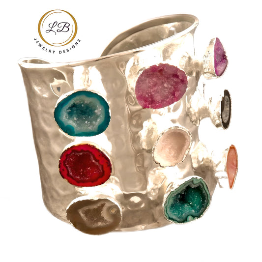 Geode Druzy Statement Cuff Bracelet – Limited Edition Multi Gemstone Sterling Silver Cuff