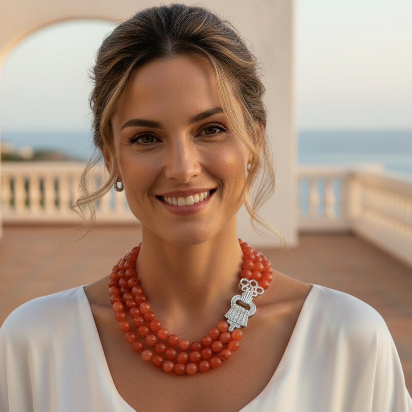 Capri Carnelian Triple-Strand Statement Necklace – AAAA Natural Red Carnelian & Pavé Silver Clasp Luxury Resort Jewelry