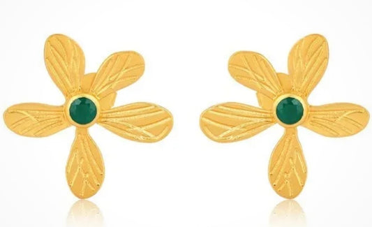 Gold Vermeil Green Onyx Gemstone Flower Statement Studs 1.5”