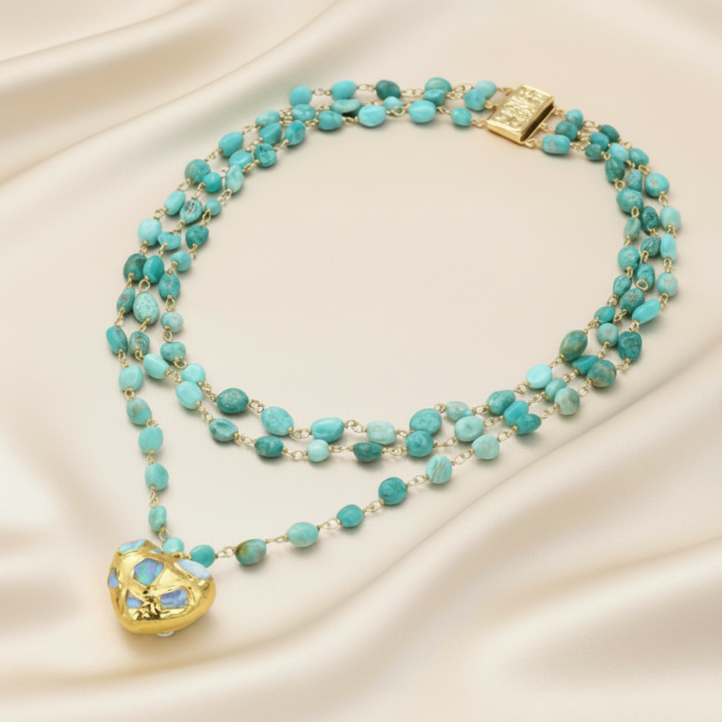 Capri Larimar Heart Necklace & Hoop Earrings Set – 22k Gold Vermeil Coastal Luxury Jewelry
