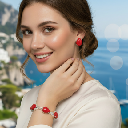 Capri Red Coral Jewelry Set – Statement Bracelet & Stud Earrings in Sterling Silver