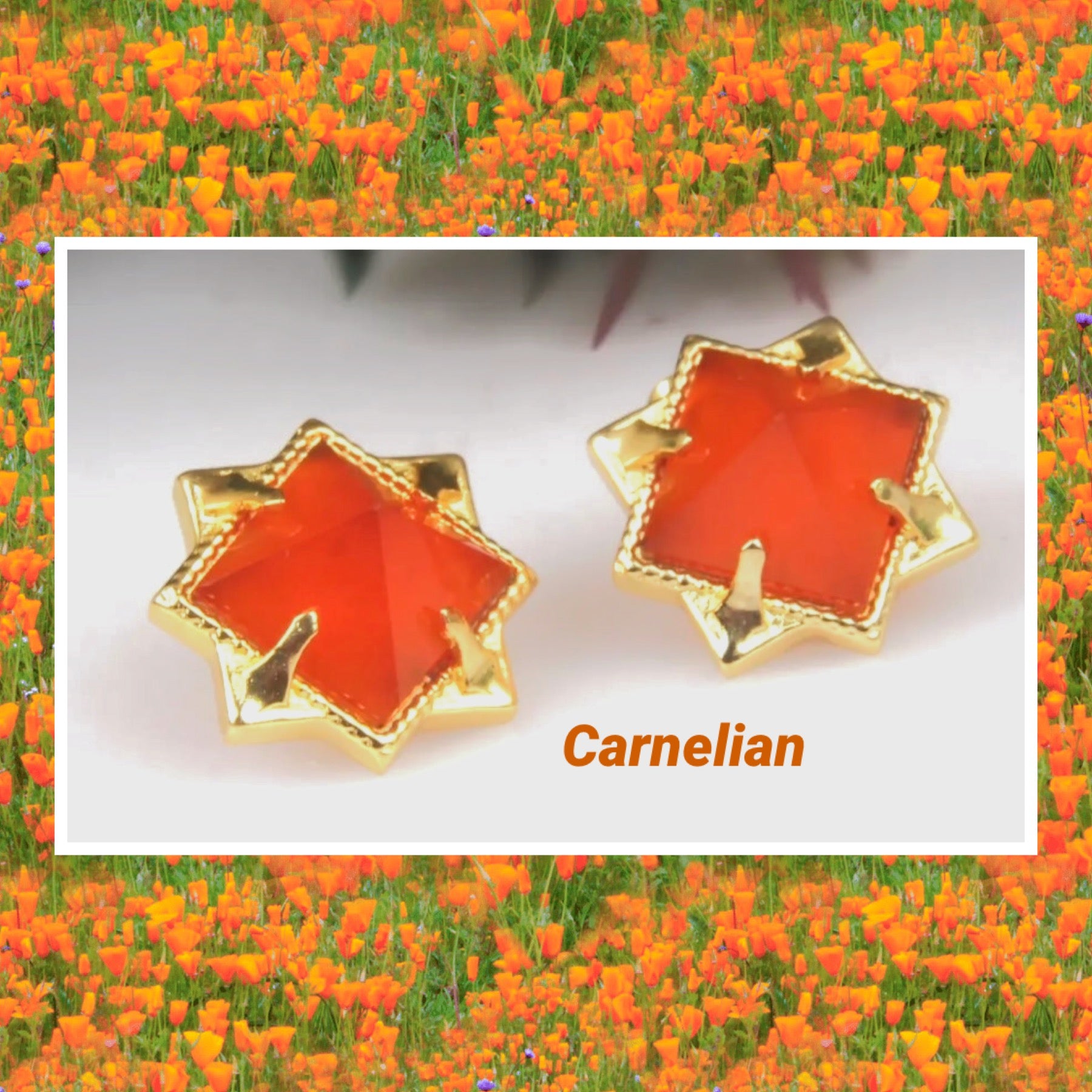 Orange Carnelian Gemstone Pyramid Stud Earrings - 24k Gold Vermeil