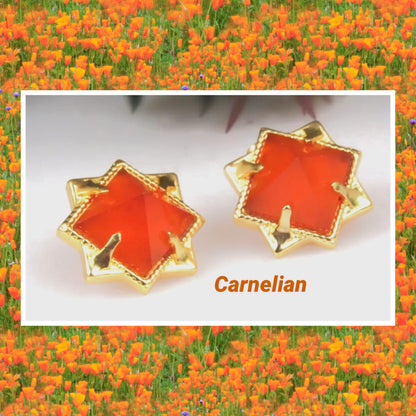 Orange Carnelian Gemstone Pyramid Stud Earrings - 24k Gold Vermeil