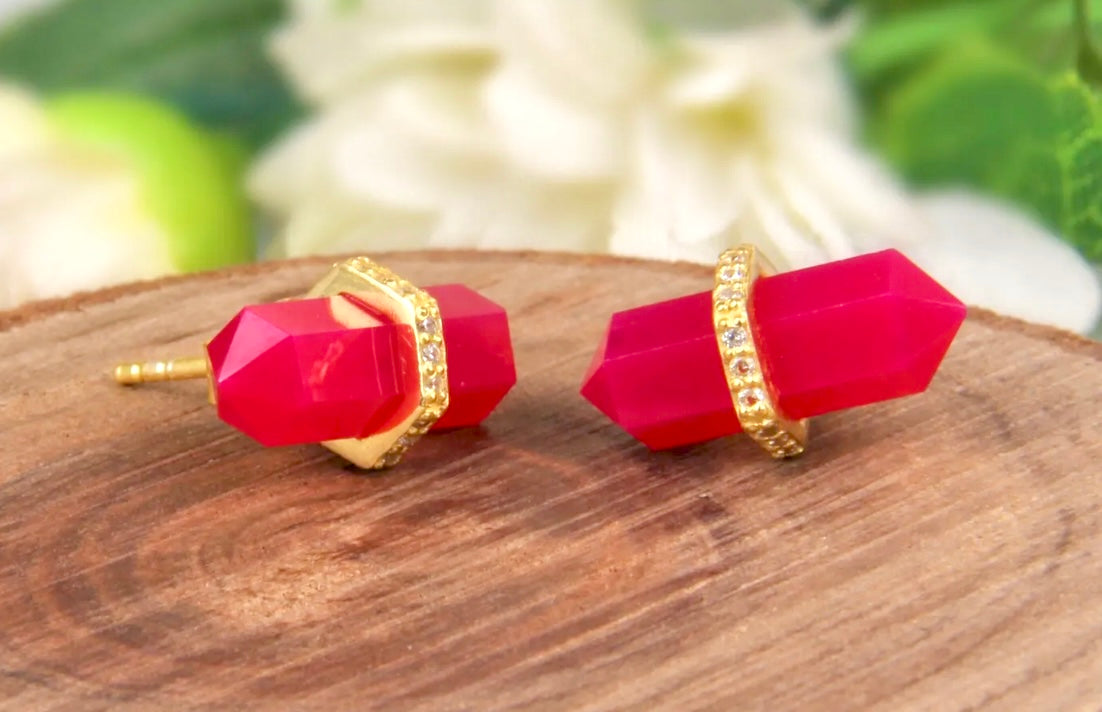 Pink Chalcedony Pencil-Cut Stud Earrings