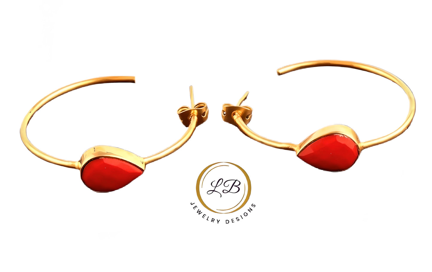 Red Coral Gold Hoop Earrings