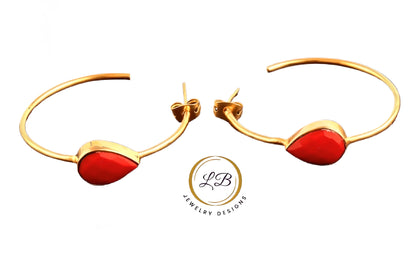 Red Coral Gold Hoop Earrings