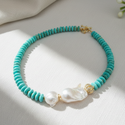 Turquoise and Keshi Pearl Statement Necklace - Gold Vermeil Coastal Luxury Necklace