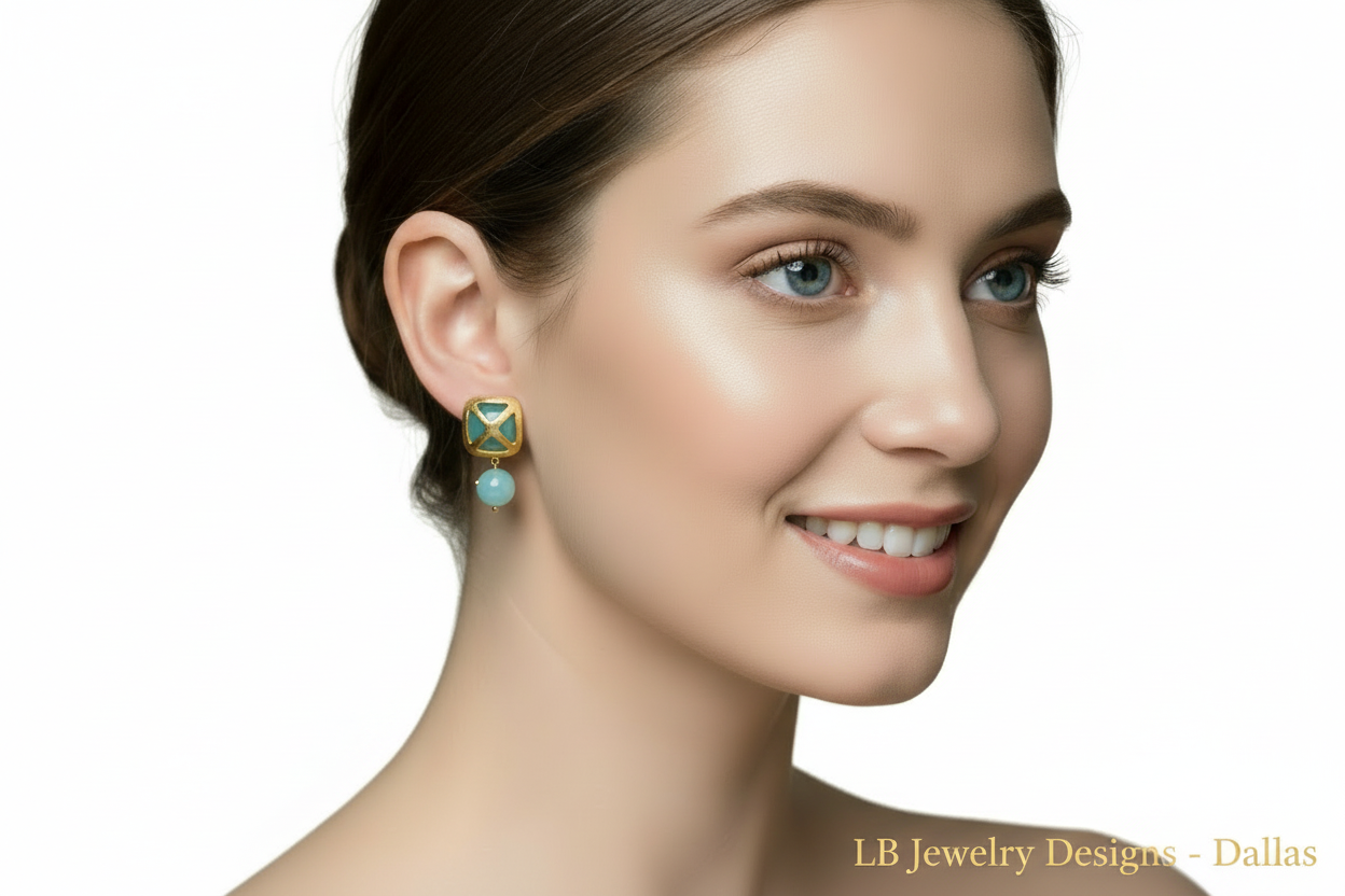 Aqua Chalcedony Gemstone Gold Stud Earrings 1”