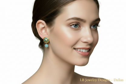 Aqua Chalcedony Gemstone Gold Stud Earrings 1”