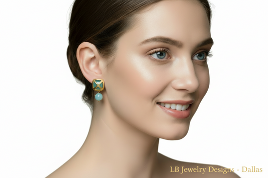 Aqua Chalcedony Gemstone Gold Stud Earrings 1”