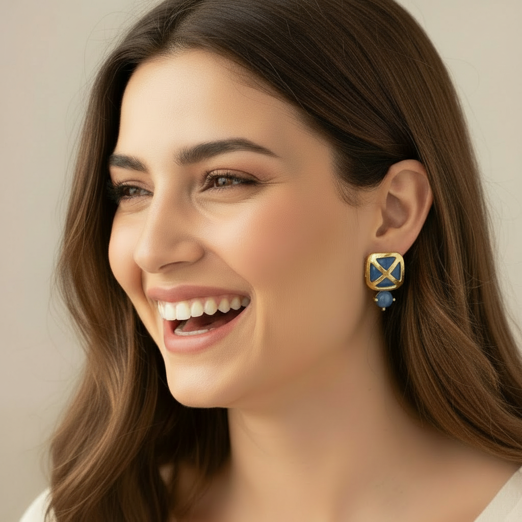 Blue Chalcedony Gemstone Gold Stud Earrings 1”