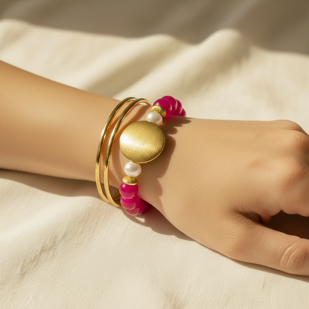 Capri Pink Rose Quartz & Pearl Vermeil Statement Bracelet
