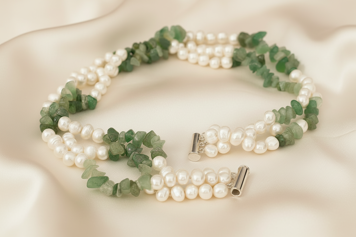 Capri Freshwater Pearl & Green Aventurine Triple Strand Necklace – Luxury Coastal Statement Jewelry