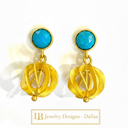 Turquoise Gold Vermeil Filigree Dangles 1.18”