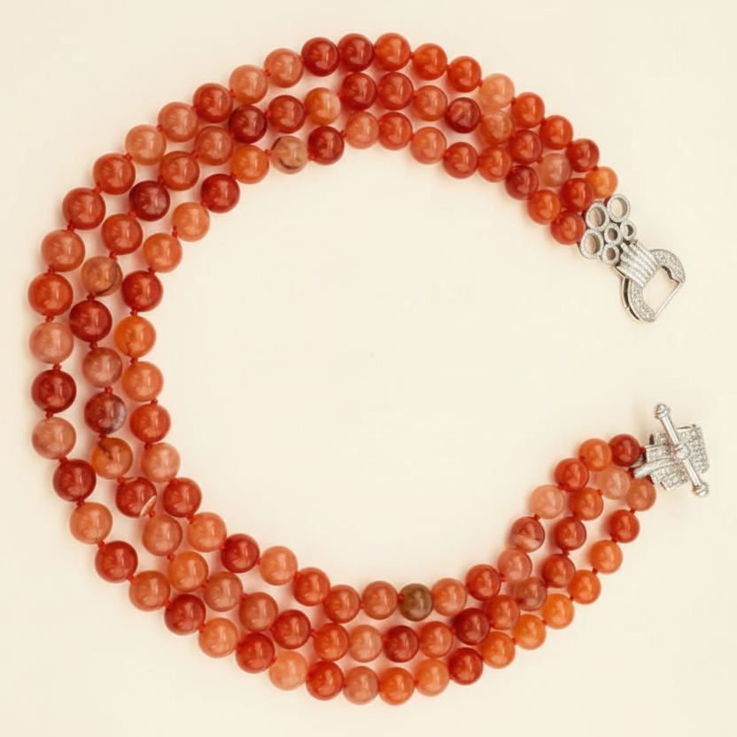 Capri Carnelian Triple-Strand Statement Necklace – AAAA Natural Red Carnelian & Pavé Silver Clasp Luxury Resort Jewelry