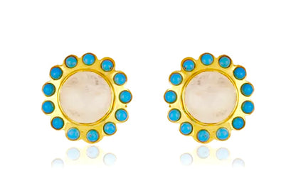 Capri Moonstone & Turquoise Halo Gold Vermeil Stud Earrings | Coastal Luxury Jewelry