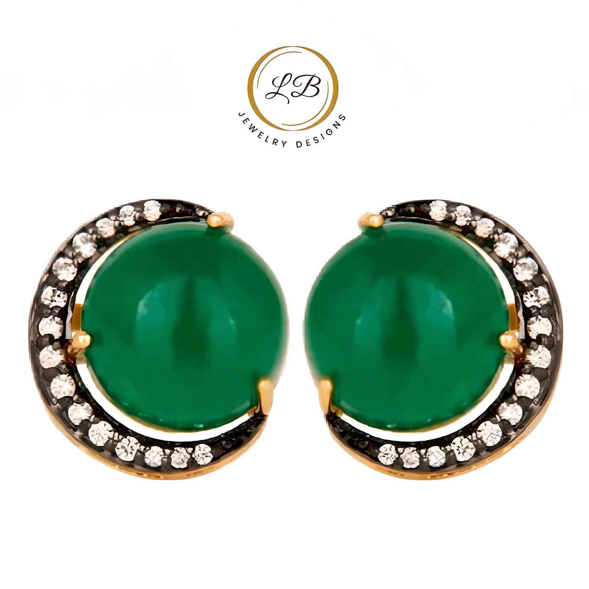 Crescent Moon Green Onyx Gold and Rhodium Stud Earrings