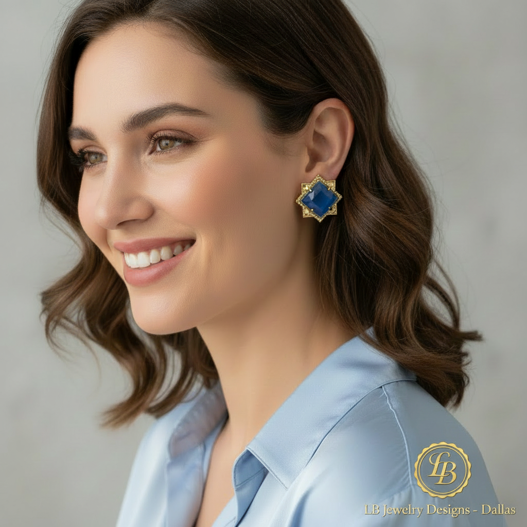Medium Blue Chalcedony Pyramid Stud Earrings – 24k Gold Vermeil