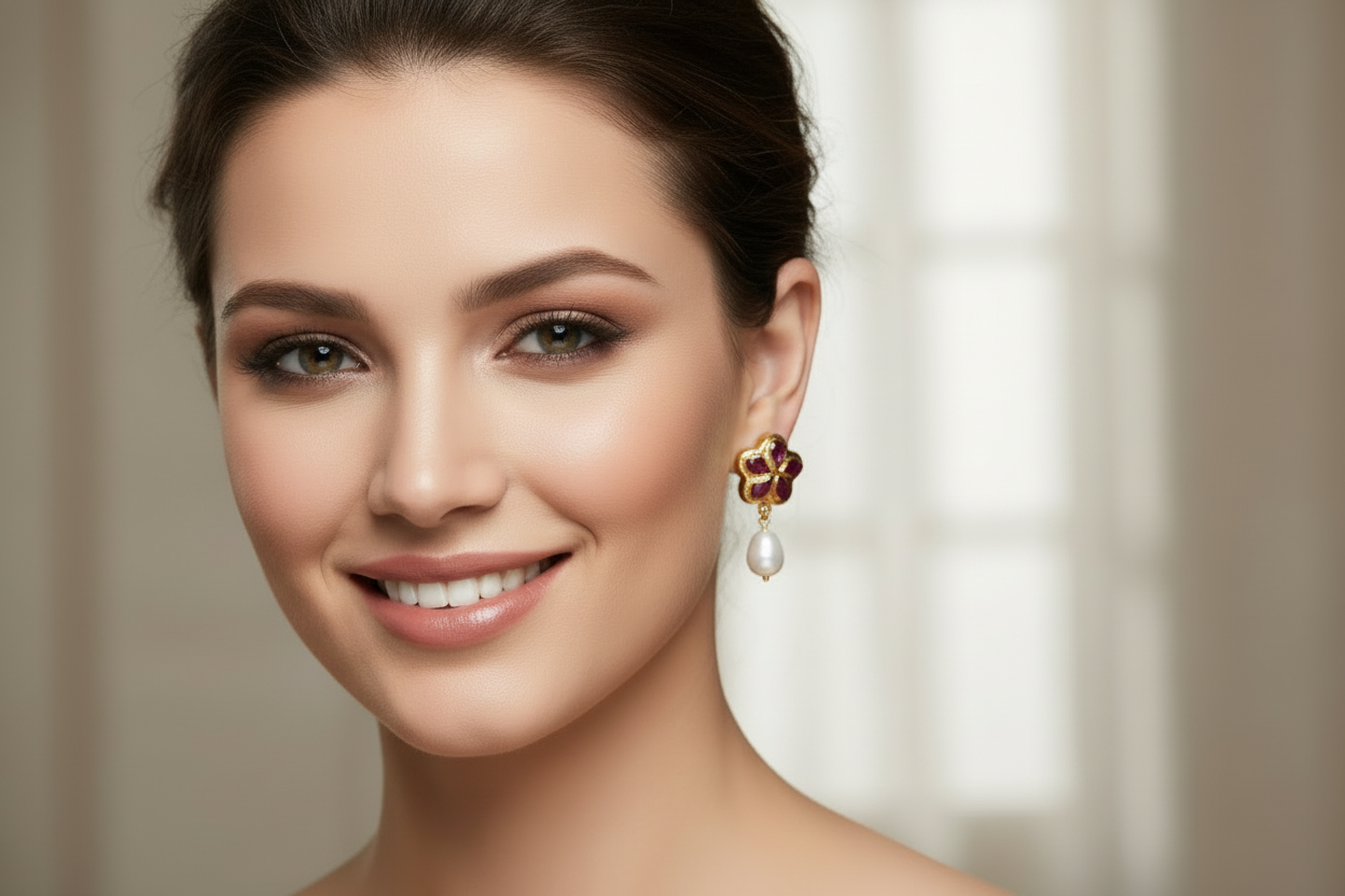 Jade & Freshwater Pearls Drop Earrings - Red or Green Jade