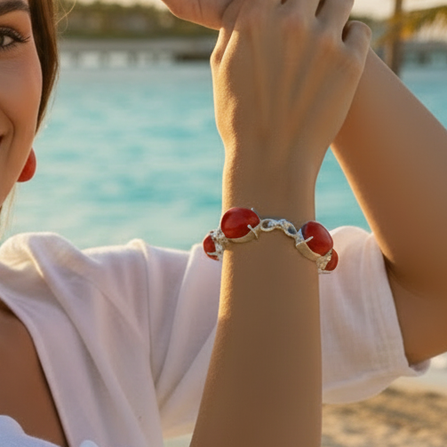 Capri Red Coral Jewelry Set – Statement Bracelet & Stud Earrings in Sterling Silver