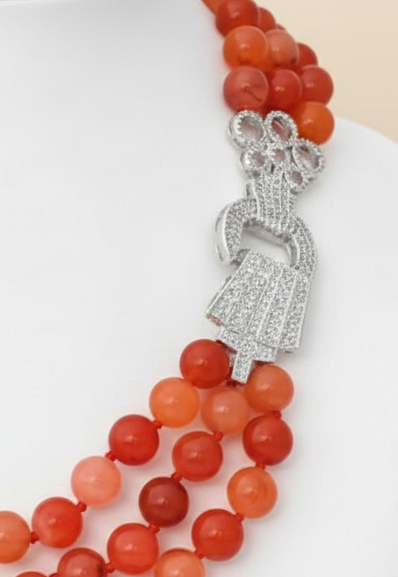 Capri Carnelian Triple-Strand Statement Necklace – AAAA Natural Red Carnelian & Pavé Silver Clasp Luxury Resort Jewelry