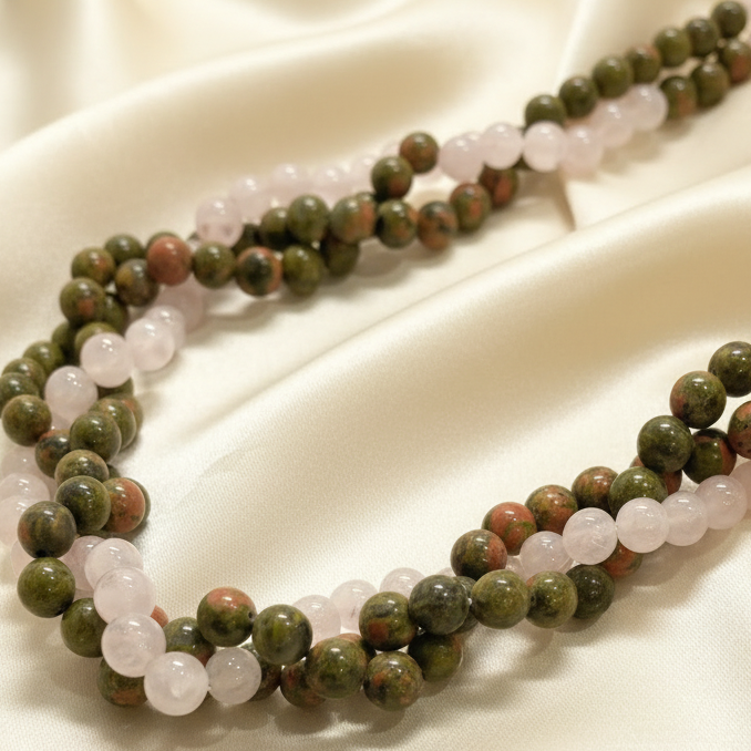 Montecito Earthstone Necklace: Unakite & Rose Quartz Triple-Strand Statement Necklace - 24” Natural Gemstone Jewelry