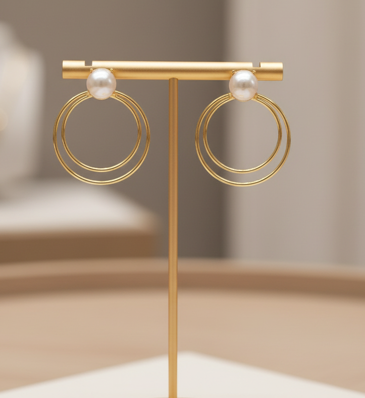 Capri Pearl Double Hoop Earrings – 22k Gold Plate Freshwater Pearl Statement Earrings